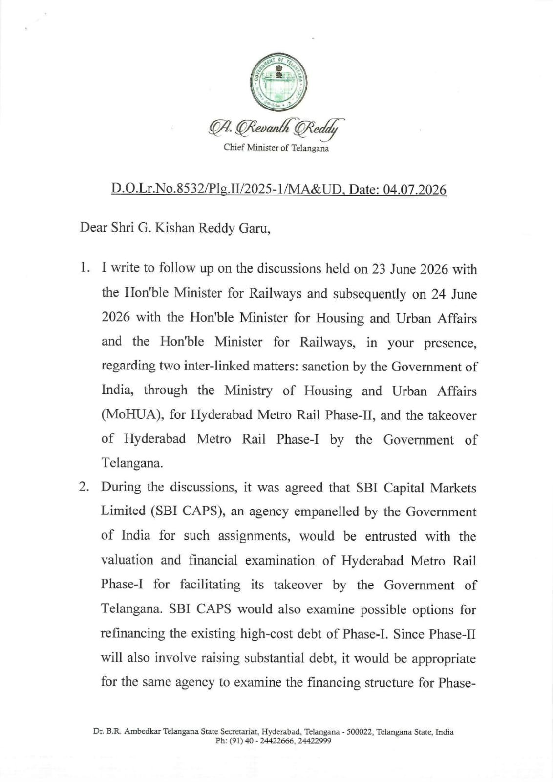 ​హైదరాబాద్ మెట్రో ఫేజ్-2 పనులను వేగవంతం చేయండి: కేంద్ర మంత్రులకు సీఎం రేవంత్ రెడ్డి లేఖలు - Additional Image